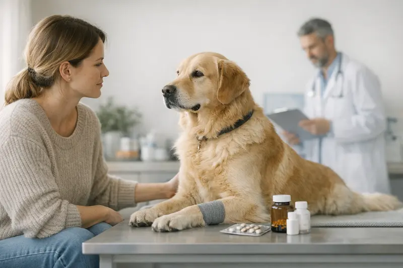 Hunde Gesundheit Vorsorge beim Tierarzt Hundehalter bespricht Gesundheitsvorsorge für seinen Hund beim Tierarzt.