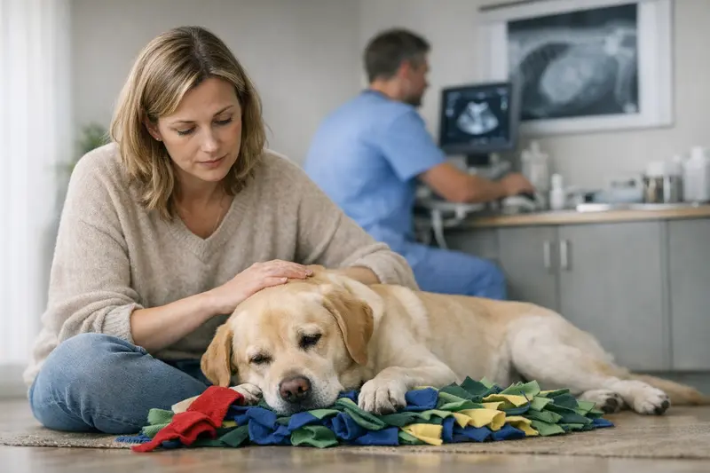 Hund mit gesundheitlichen Problemen nach Verschlucken von Stoffteilen Ein Hund liegt besorgt auf einem Sofa, nachdem er Stoffteile verschluckt hat.