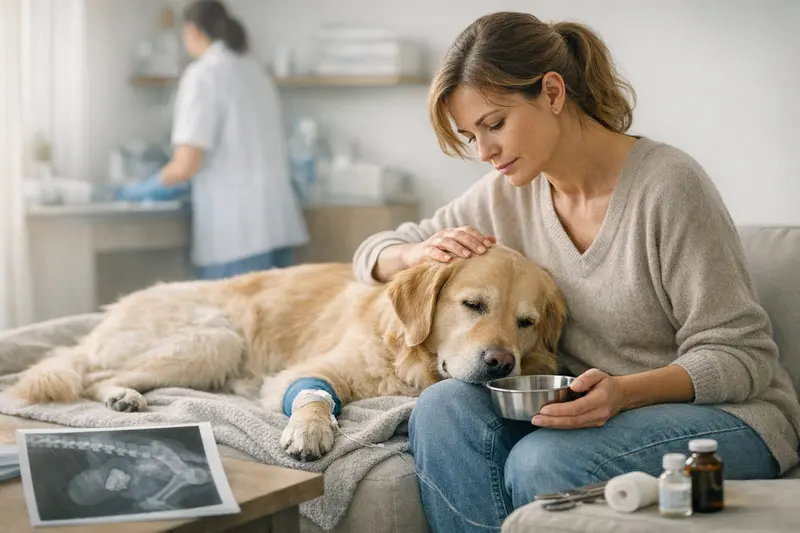 Hund beim Tierarzt mit Fokus auf OP-Versicherung Ein Hund, der beim Tierarzt untersucht wird, während eine OP-Versicherung besprochen wird.