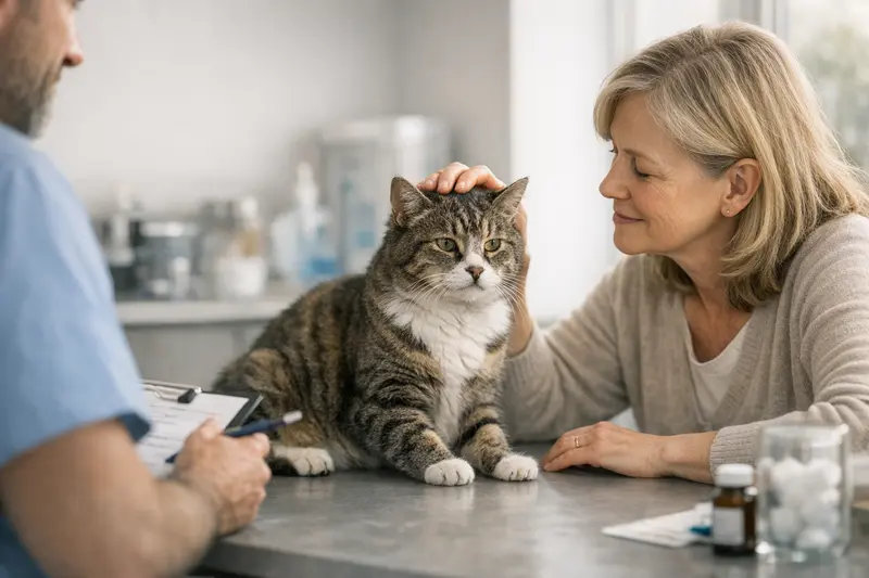 Eine ältere Katze mit einem besorgten Blick, die für ihre Gesundheit untersuchen wird.