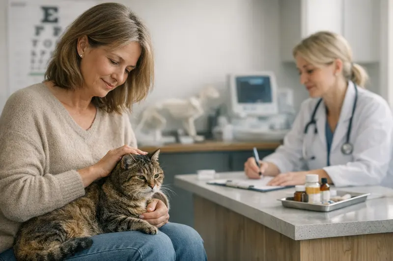 Seniorenkatze bei einem Tierarzttermin zur Gesundheitsuntersuchung.