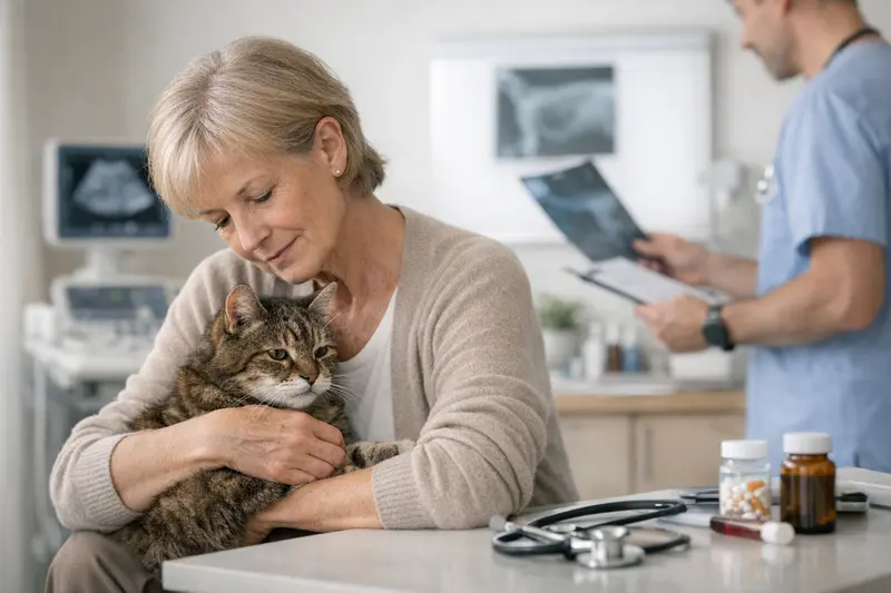 Tierarztbesuch Seniorenkatze Eine ältere Katze beim Besuch beim Tierarzt zur regelmäßigen Gesundheitskontrolle