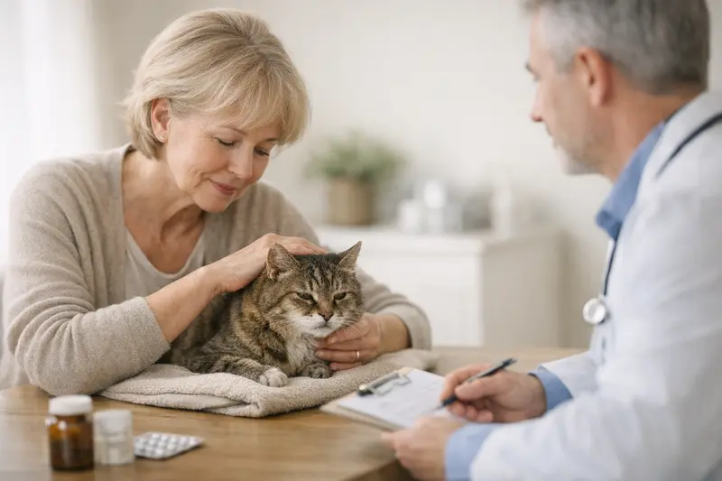 Tierarztbesuch bei Vorerkrankungen von Katzen Eine ältere Katze wird bei einem Tierarzt untersucht, dabei werden Vorerkrankungen und bestehende Symptome erörtert.