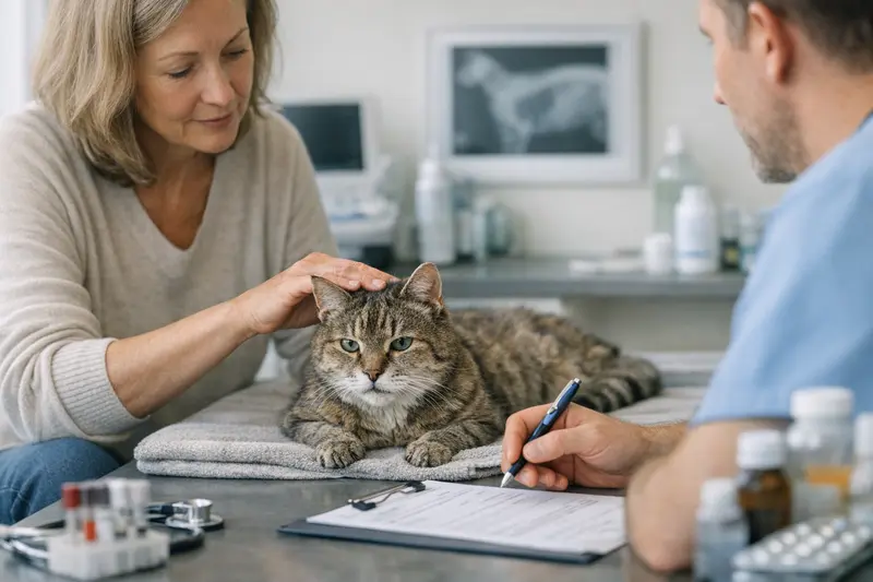 Wichtige Tarifmerkmale für Seniorenkatzen Seniorenkatze beim Tierarzt, umfassende Behandlung für spezifische Bedürfnisse