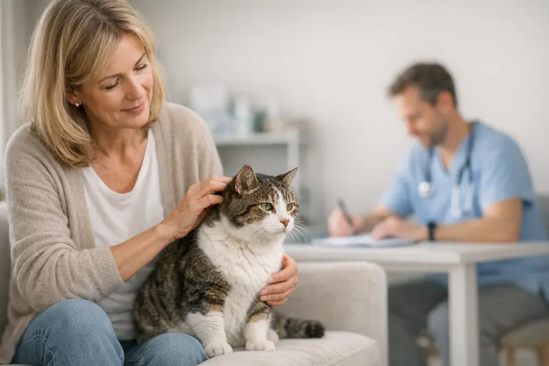 Seniorenkatze entspannend auf Sofa Eine ältere Katze entspannt auf einem Sofa, was auf das Thema Seniorenkatzen hinweist.