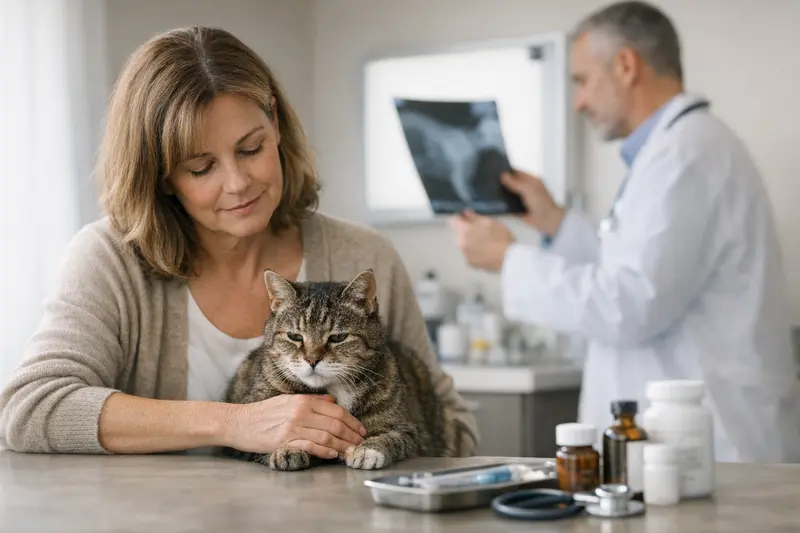 Tierarztbesuch einer Seniorenkatze Seniorenkatze beim Tierarzt zur Gesundheitskontrolle