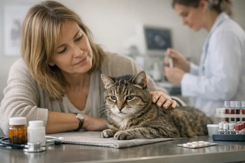 Ältere Katze beim Tierarzt Ältere Katze auf dem Untersuchungstisch beim Tierarzt zur Abklärung von chronischen Krankheiten.