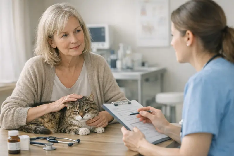 Katzenversicherung und Vorerkrankungen Eine Katze sitzt nachdenklich vor einem Tierarzt, während ihre Vorerkrankungen besprochen werden.