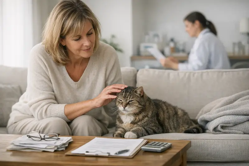 Katze beim Tierarzt, die wichtige medizinische Entscheidungen bezüglich Selbstbeteiligung und Leistungsgrenzen stellt.