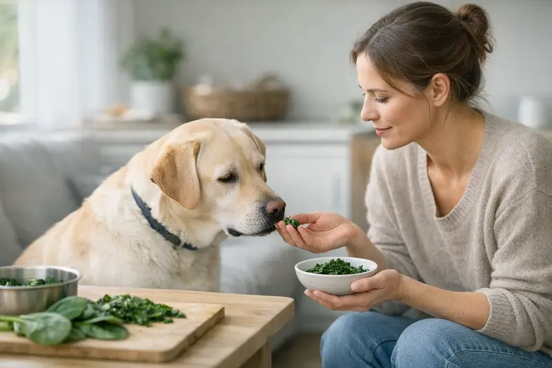 Hund mit Spinat Ein Hund frisst gekochten Spinat, der als gesunde Ergänzung dient.