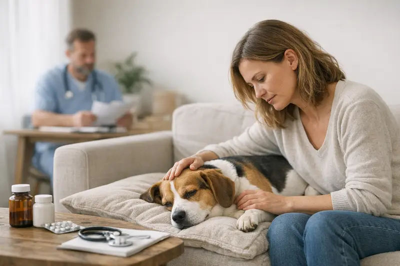 Tierarztbesuch Hund Magen-Darm-Probleme Hund untersucht bei Tierarzt wegen akuten Magen-Darm-Problemen.