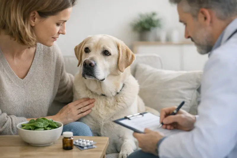 Hund Spinat Tierarzt Ein Hund schaut vorsichtig auf eine Schale mit Spinat, während ein Tierarzt mit einem Hundebesitzer spricht.