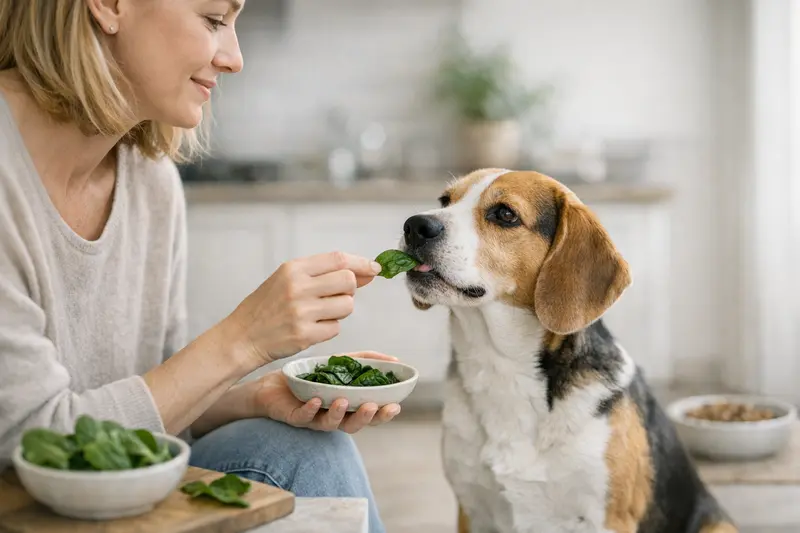 Hund frisst Spinat in moderaten Mengen Ein Hund frisst Spinat aus einer Schüssel, während der Besitzer zusehen kann. Die gelegentliche Fütterung von Spinat ist für Hunde unbedenklich.