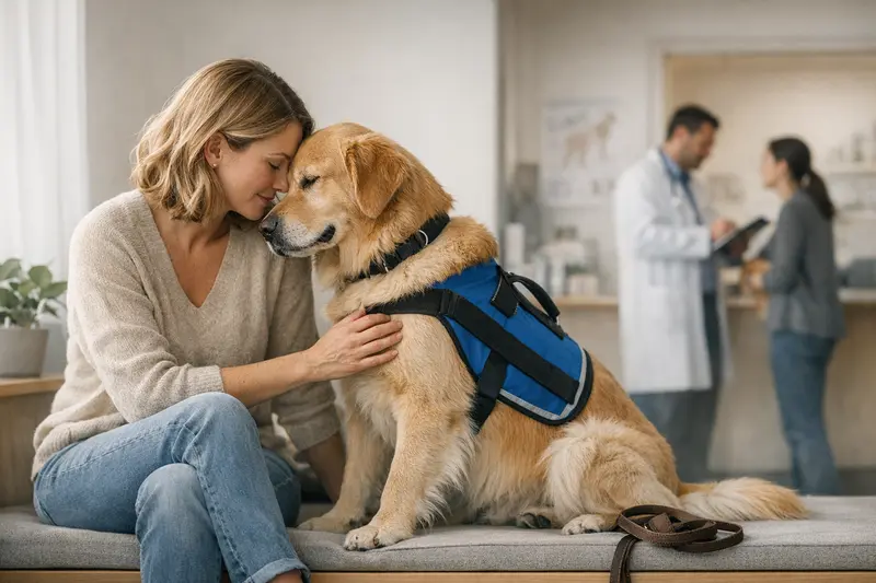 Ein Therapiehund mit seinem Halter bei einem Tierarztbesuch.