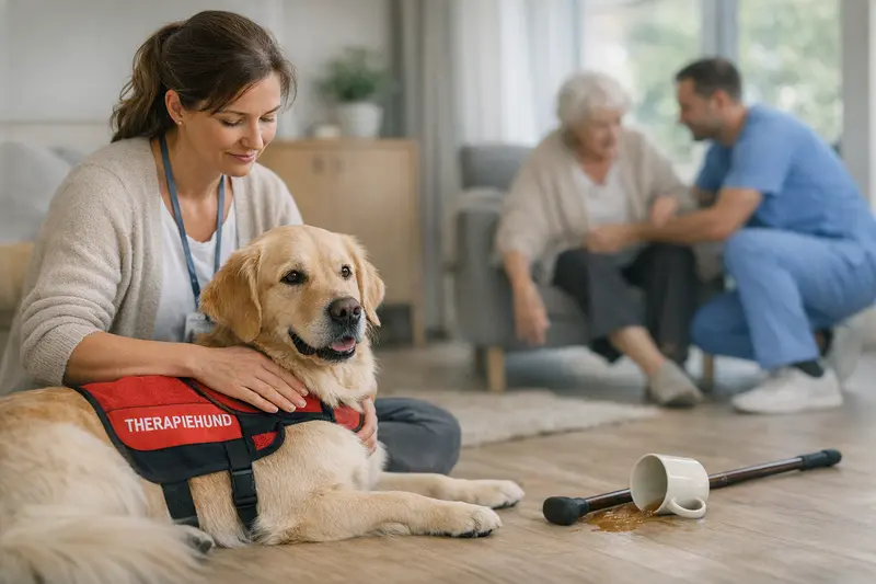 Hundehaftpflicht für Therapiehunde Therapiehund interagiert mit Menschen in einer Therapieumgebung