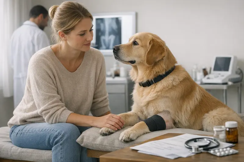 Tarifdetails der Hundeversicherung Ein Hund beim Tierarzt, der verschiedene Tarifdetails der Hundeversicherung untersucht.