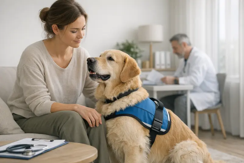 Therapiehund im Training Therapiehund mit seinem Halter bei einer Trainingseinheit zur Unterstützung von Menschen.