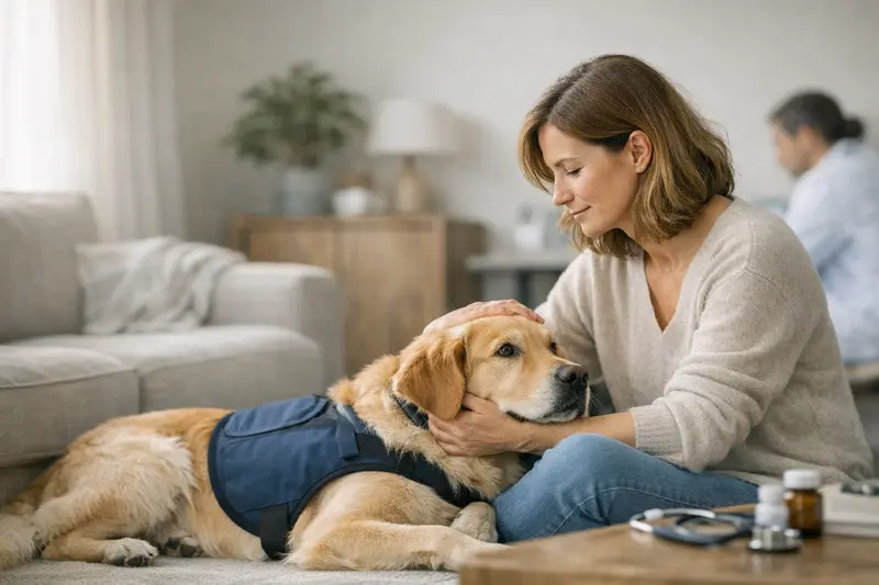 Therapiehund während einer tierärztlichen Untersuchung zur Überprüfung der Gesundheitsdeckung durch eine OP-Versicherung.