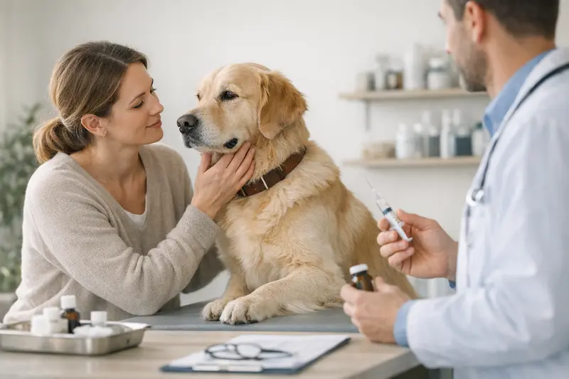 Ein fröhlicher Hund beim Tierarzt für eine Vorsorgeuntersuchung.