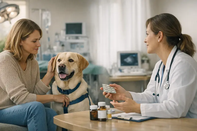 Ein Hundebesitzer berät sich mit einem Tierarzt über eine Hundekrankenversicherung.