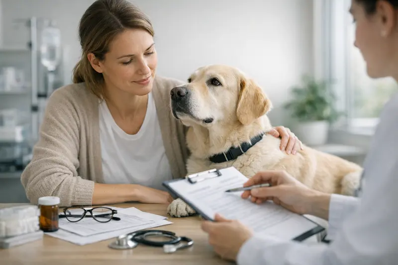 Ein Hundebesitzer bespricht Tarifdetails einer Hundekrankenversicherung mit einem Tierarzt.
