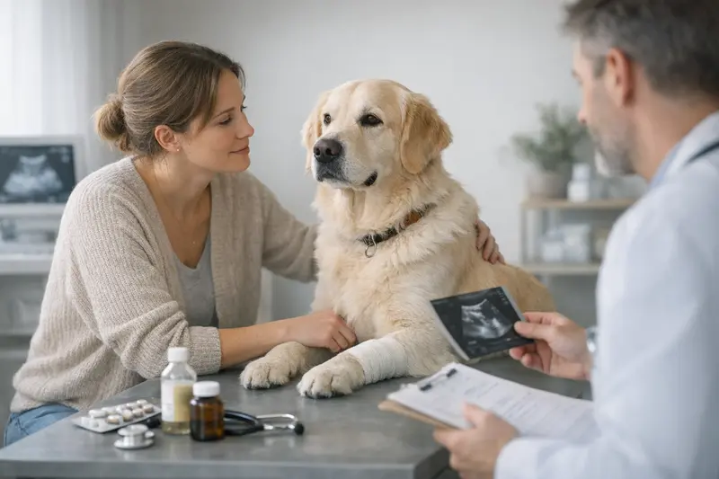 Ein Hund beim Tierarzt, der eine Untersuchung erhält, während die Besitzerin die Tarifdetails der Tierkrankenversicherung prüft.