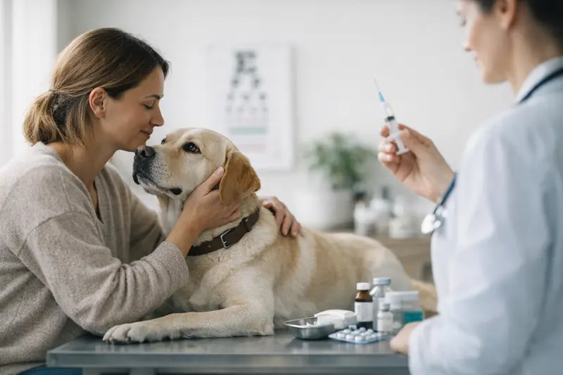 Tierärztliche Vorsorgeuntersuchung für Hunde Ein glücklicher Hund während einer tierärztlichen Untersuchung, passend zur Frage über Impfungen und Vorsorgemaßnahmen.