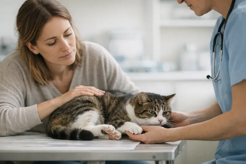 Notfall Thrombus bei Katzen Eine Katze mit Anzeichen von Schmerzen, die zur tierärztlichen Untersuchung gebracht wird.