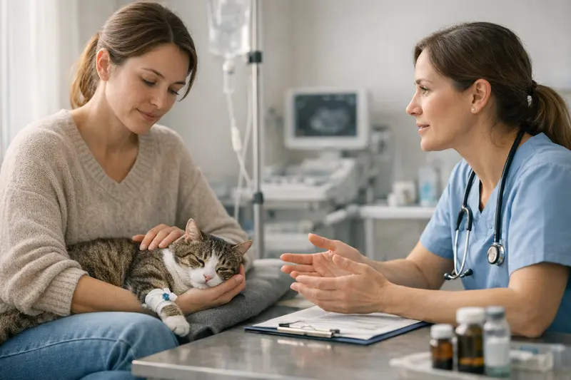 Wichtige Entscheidungen bei Katzenkrankheiten Katze beim Tierarzt, die auf eine etwaige Behandlung vorbereitet wird, symbolisiert die Bedeutung der Krankenversicherung.