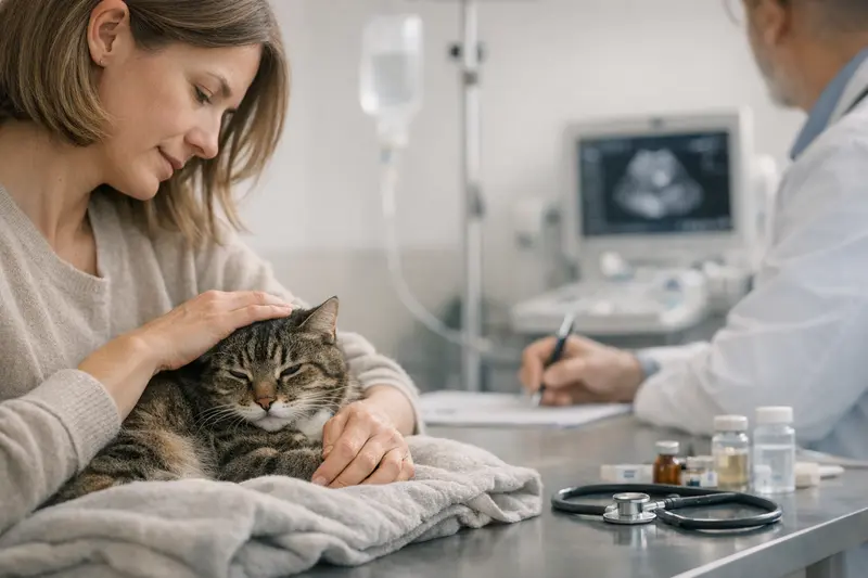 Tierarzt untersucht eine Katze mit Verdacht auf Thrombus.
