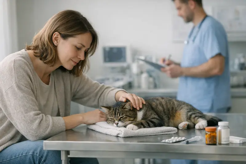 Eine Katze wird von einem Tierarzt untersucht, während der Tierhalter Fragen zu Versicherungstarifen stellt.