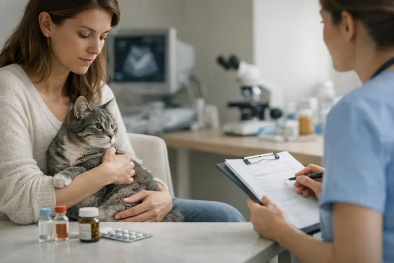 Eine Katze erhält eine tierärztliche Untersuchung zur Diagnostik von Krankheiten.