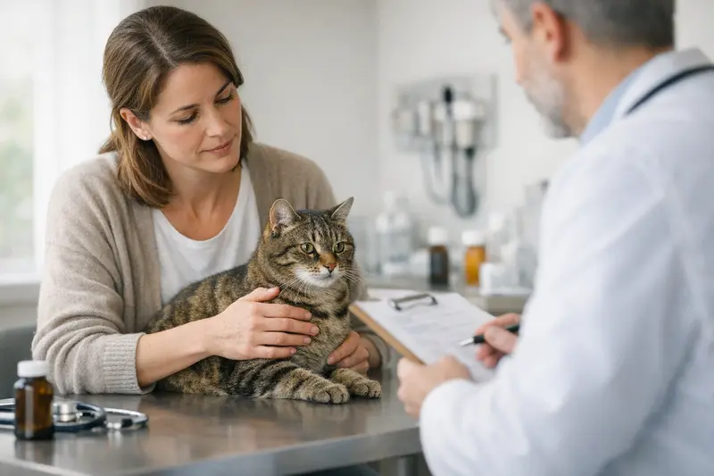 OP-Absicherung für Hunde und Katzen Ein Hund und eine Katze sitzen entspannt in einer Tierarztpraxis, während die Besitzer über OP-Absicherung sprechen.