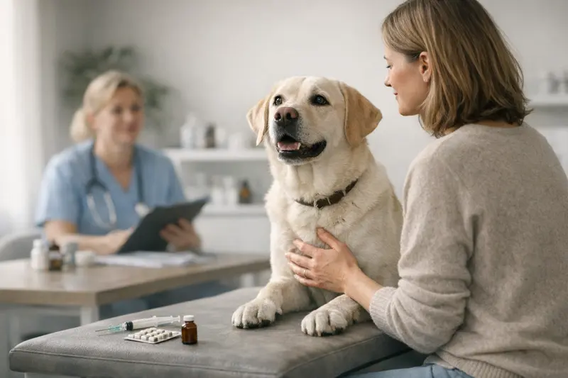 Tierarztbesuch mit Hund zur Vorsorgeuntersuchung Ein Tierarzt untersucht einen Hund, während ein Besitzer Fragen zu Vorsorgeleistungen der Versicherungen stellt.