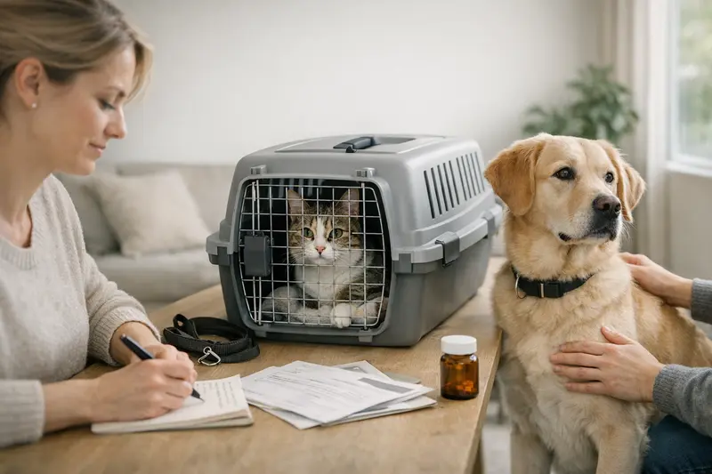 Tierarztbesuch Vorbereitung für Haustiere Vorbereitung für einen Tierarztbesuch mit Hund oder Katze, inklusive Notizen und Transportbox.