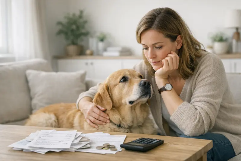 Ein Tierarzt untersucht einen Hund und erklärt die Kosten für tierärztliche Behandlungen.