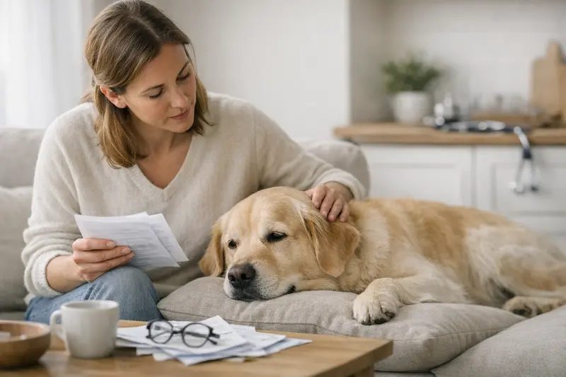 Tierarztkosten Absicherung für Hunde und Katzen Ein Hund und eine Katze entspannen zusammen auf einer Couch, während ihre Besitzer über Tierarztkosten nachdenken.