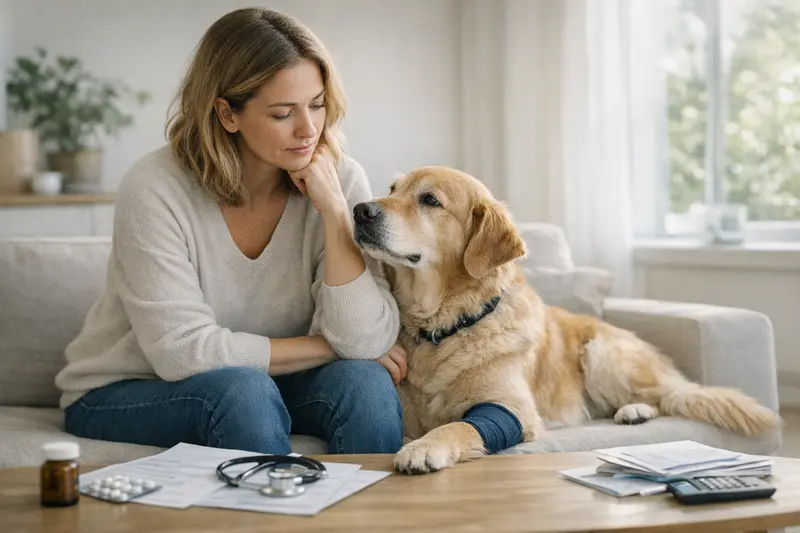 Hundebesitzerin mit Tierarztrechnung Eine besorgte Hundebesitzerin betrachtet eine Tierarztrechnung mit ihrem Hund auf dem Tisch.