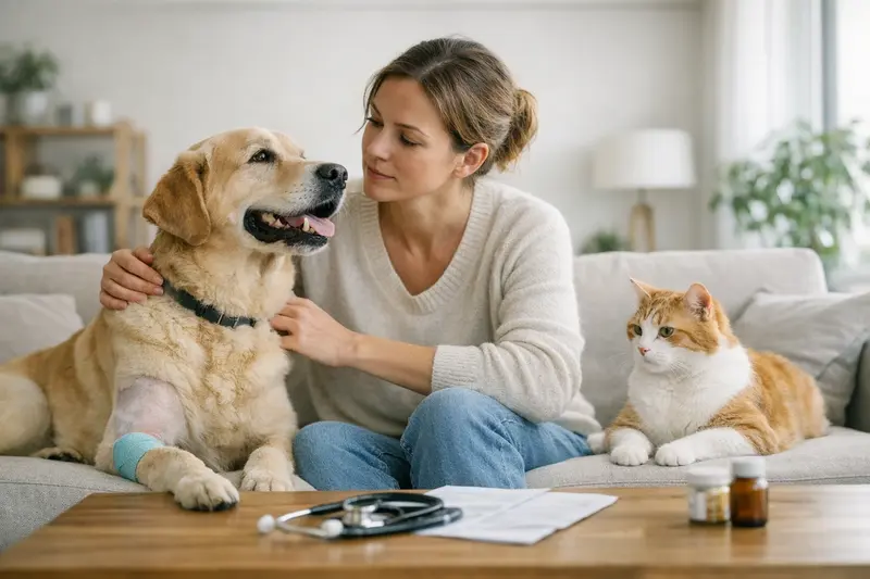 Hunde und Katzen nach erfolgreicher Behandlung Ein zufriedenes Hund und Katze nach einer erfolgreichen tierärztlichen Behandlung.