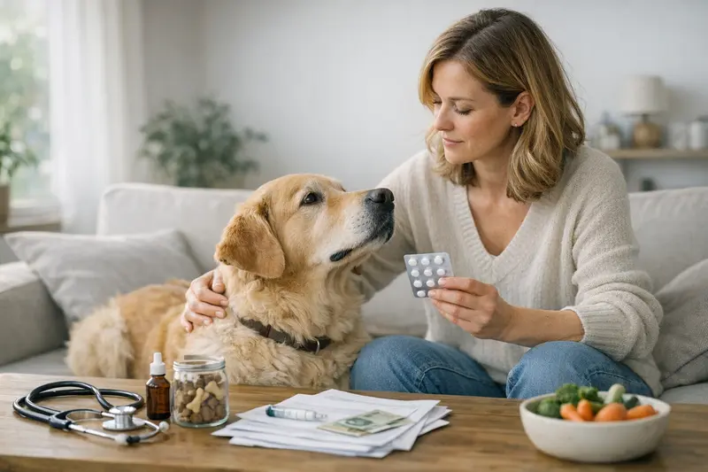 Hund und Katze beim Tierarzt, umgeben von Vorsorgeunterlagen und Gesundheitsinformationen.