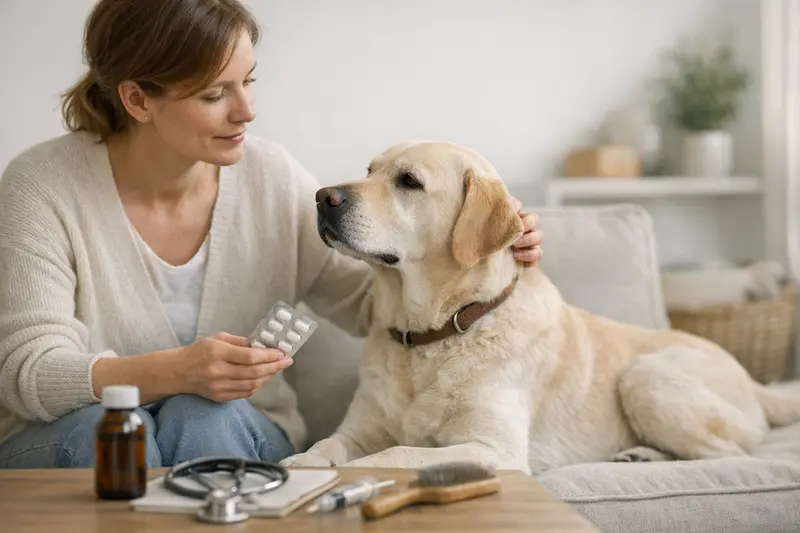 Ein Hund und eine Katze beim Tierarzt, die über Vorsorgeleistungen informiert werden.