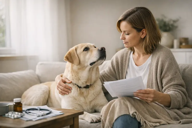 Eine Katze und ein Hund bei einem Tierarzt, während die Vorsorgeleistungen für die Versicherung besprochen werden.