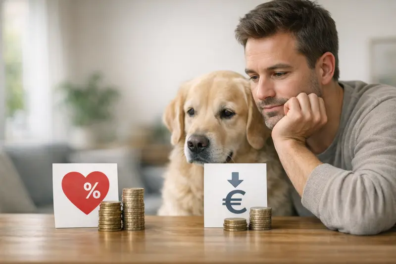 Ein Hund und eine Katze stehen gemeinsam vor einem Veterinär, der Behandlungskosten erklärt.