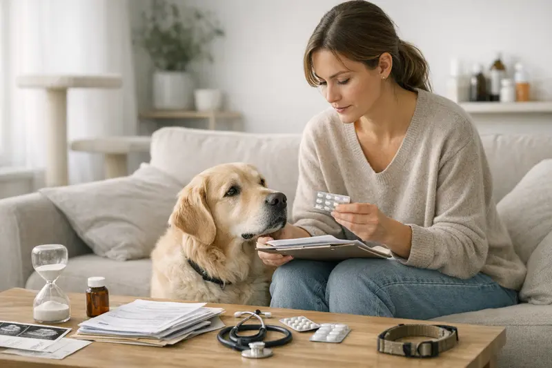 Informative Grafik zu Versicherungsdetails für Hunde und Katzen mit Fokus auf Wartezeiten und Leistungsgrenzen.