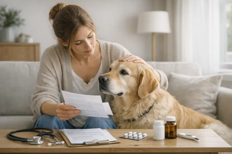 Ein Tierarzt spricht mit einem Hundebesitzer über Tarifdetails einer Tierkrankenversicherung.