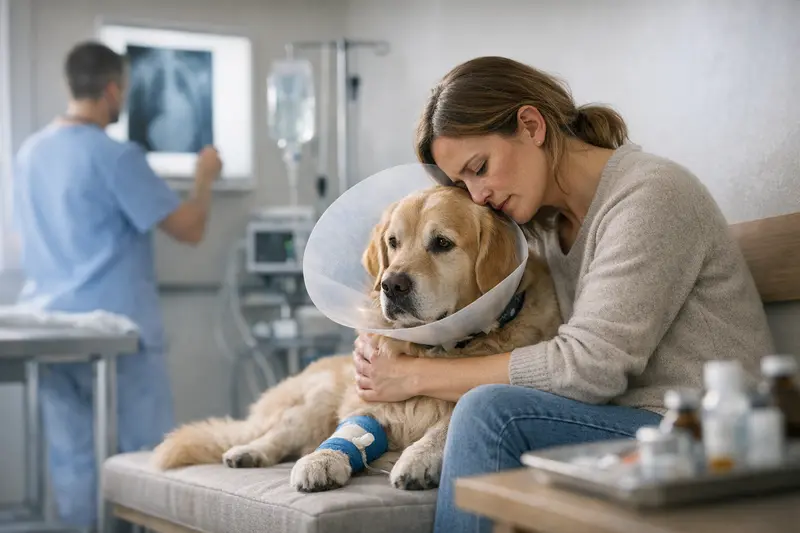 Ein Tierarzt untersucht einen Hund auf Behandlungskosten.