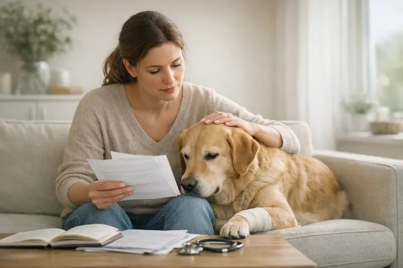 Wartezeiten in der Tierkrankenversicherung verstehen Ein Hund und eine Katze, die sich gegenseitig in einem Tierarzt-Wartezimmer beruhigen, während sie auf ihre Behandlung warten.