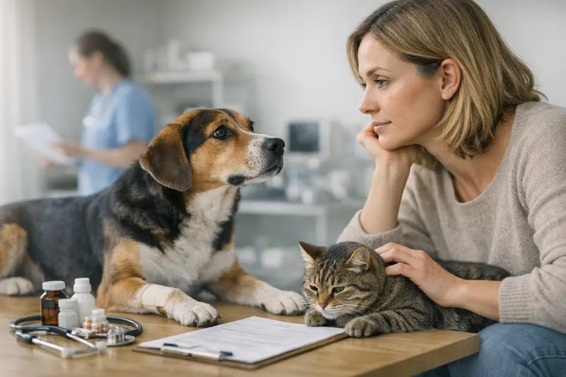 Mehr Tiere, höhere Kosten Hunde und Katzen in einem Mehrtierhaushalt, die auf ihre Tierarztbesuche warten.