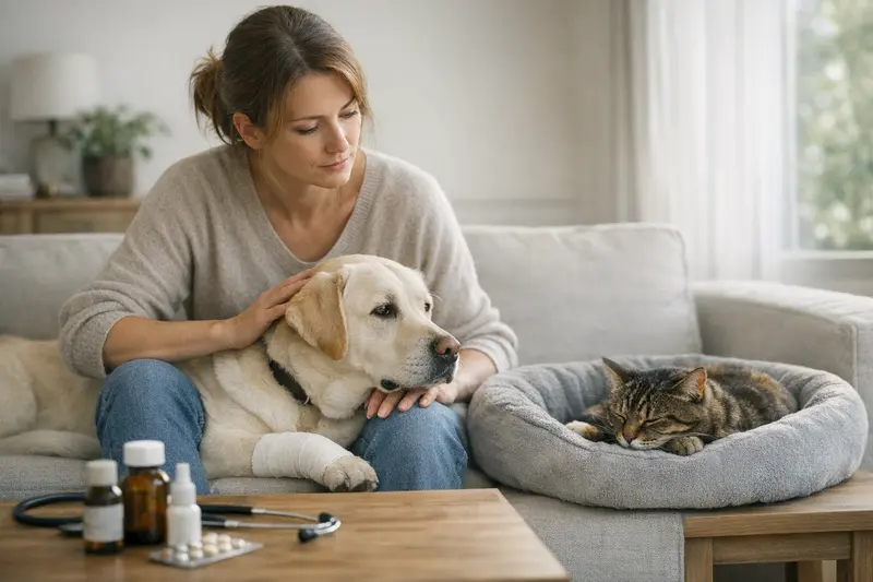 Zwei Katzen und ein Hund in einem Mehrtierhaushalt spielen zusammen.