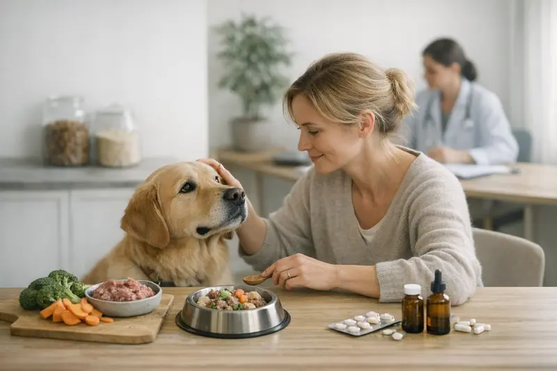 Vorsorge in der Tiergesundheit Abbildung eines gesunden Hundes, der mit frischem Futter gefüttert wird, symbolisiert die Bedeutung von Vorsorge in der Tiergesundheit.
